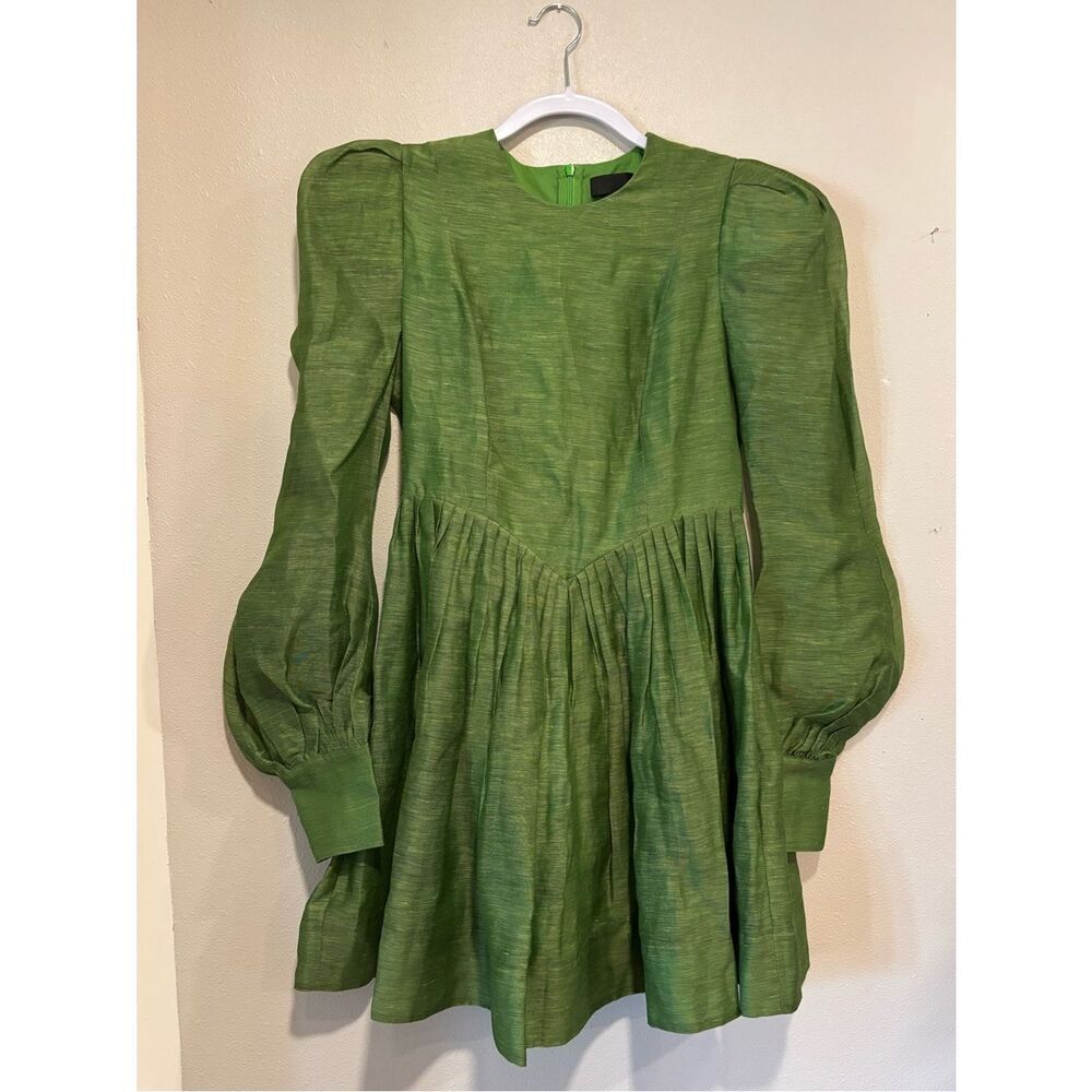LEO LIN Elena Green Structured Shoulder Mini Dress Silk Linen Puff Sleeve US 6